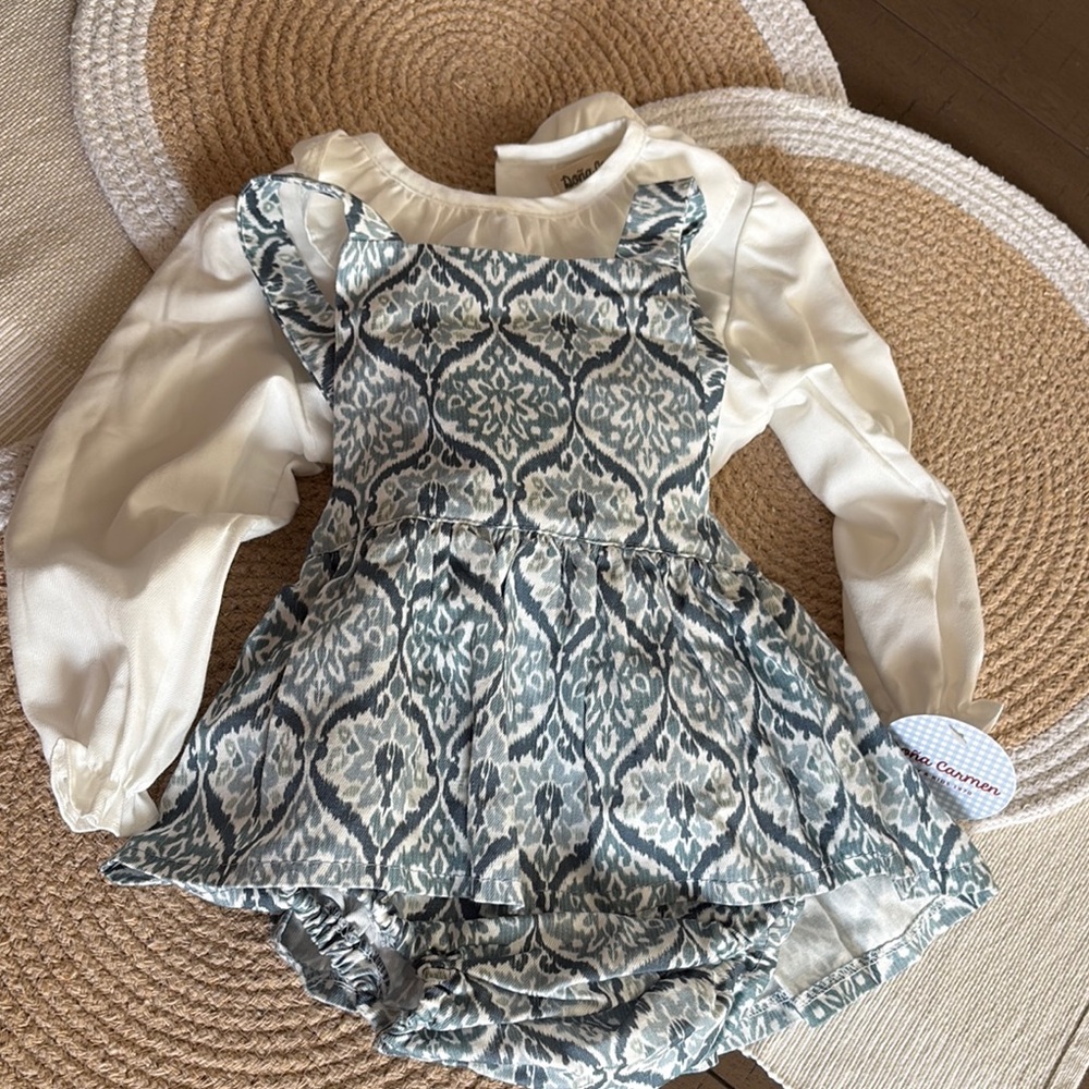 White and Blue Smocked Babydoll Dress with Bishop Sleeves